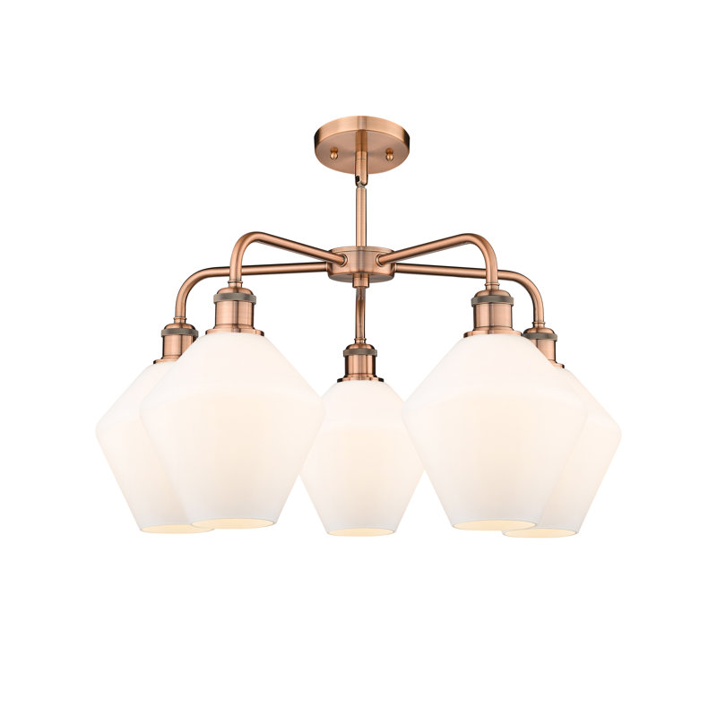 Lustre à 5 lumières, Blanc mat, Cuivre antique