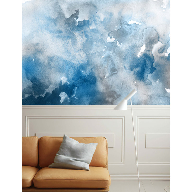Watercolor Art Design Abstract Dark Blue White And Grey Removable Wallpaper, 114" L x 204" W