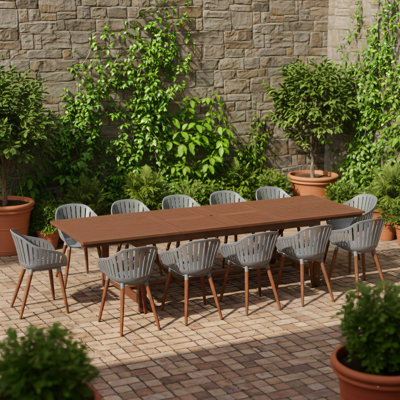 Wayland 13-Piece Outdoor Rectangular Extendable Dining Table And Chairs Set | Eucalyptus Wood | Ideal For Patio, Brown Table & Grey Chairs