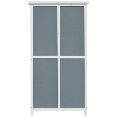 Remise de rangement bicolore de 54 pouces de couleur grise et blanche, toit incliné pour garder l'eau à l'écart, 5 compartiments pour les grands équipements d'extérieur avec design, porte simple sécurisée, personnalisable