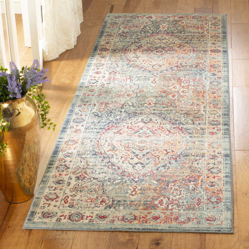 Doucet 300 Pes/Cotton/Pp/Latex Oriental Rug in Navy/Aqua, Runner 2'9" x 8'