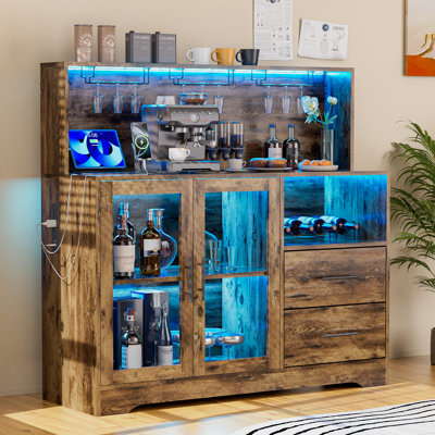 Home Bar Cabinet With Adjustable Rgb Led Light, Wine & Coffee Storage With Rack & Drawers, Charging Station, Modern Liquor Cabinet For Living & Dining by George Oliver