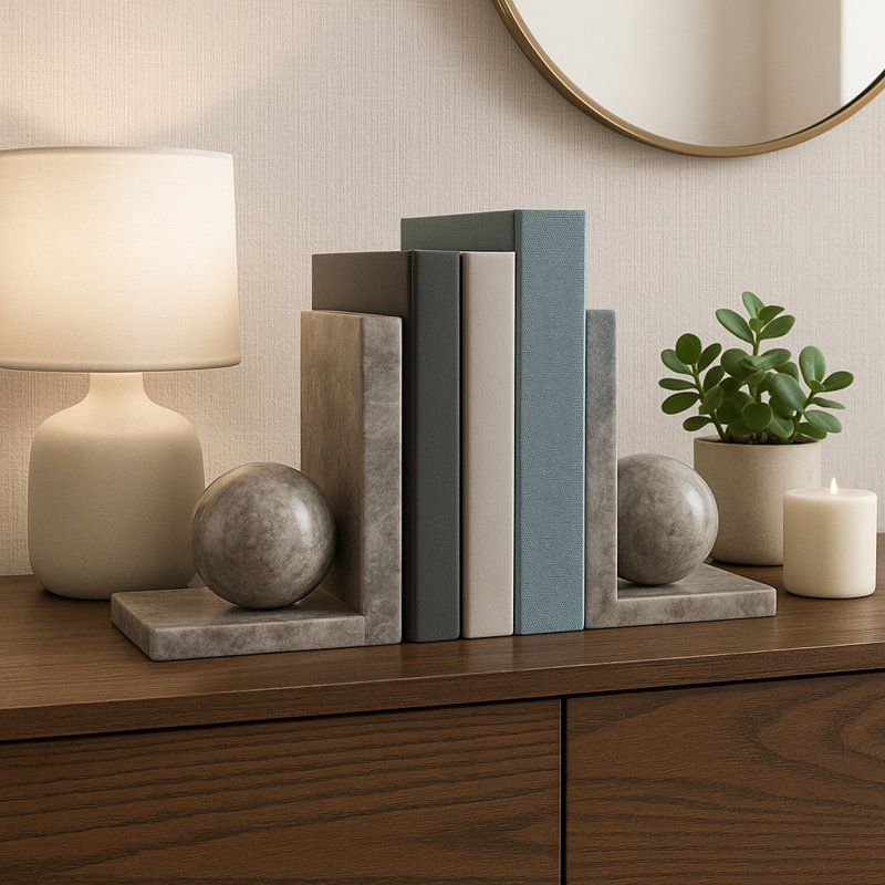 Decorative Bookends With Ball Orbs Accent - Modern Bookshelf Decor For Shelf, Office Desk, Or Home Decor Book Ends - Seto Of 2, 6", Tan