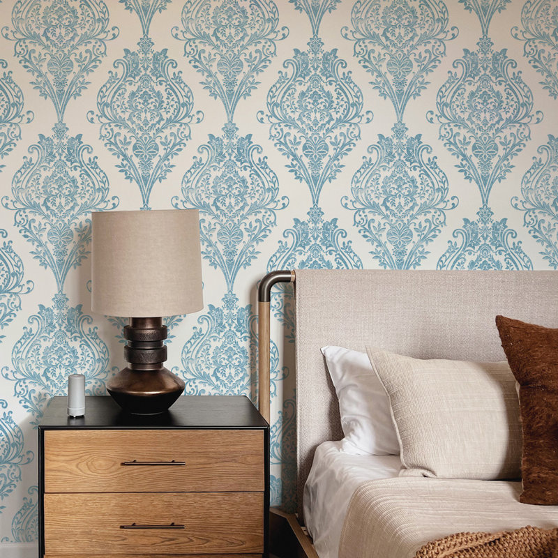 Kwon Damask Metallic Wallpaper Double Roll, Coastal Blue