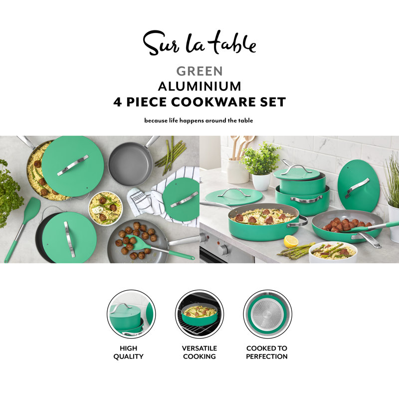 Colour Me Happy 4 Piece Cookware Set, 28cm Frying Pan, 20cm Saucepan, 24cm Casserole, 28cm Multi-Pan, Lids with Steam Release Vents (No Lid with Frying Pan), Induction Compatible, Green