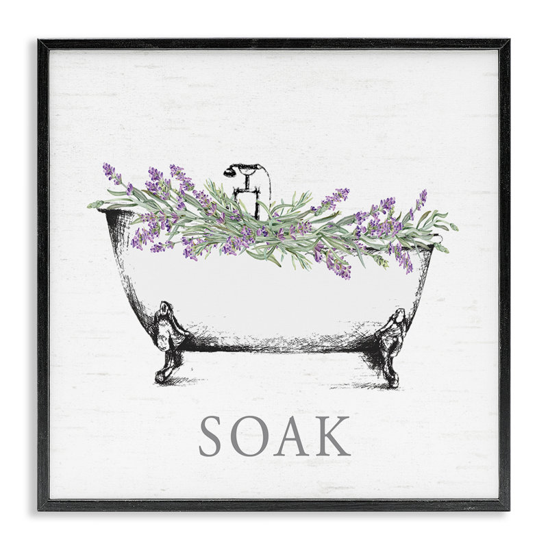 "Soak Bathaign", art giclée encadré de lavande, design par lettré et doublé, H 17 po x l 17 po, Giclée encadrée noir minuit