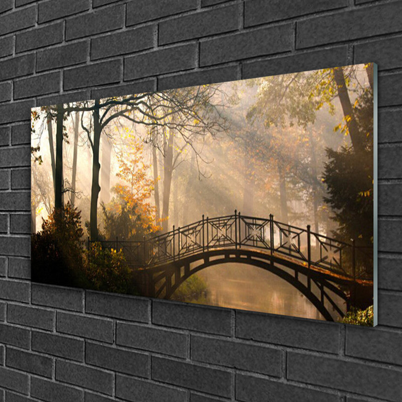 Glass Print Wall Art 100X50cm Image Printed On Glass Decorative Wall Picture Behind Toughened / Tempered Safety Real Glass For Kitchen & Living Room Theme: Forest Bridge Architecture