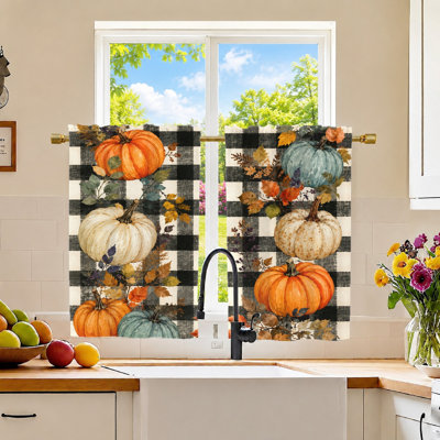 2Pcs Autumn Pumpkin Curtains, Buffalo Plaid Pattern, Fall Harvest Theme, Watercolor Pumpkins and Leaves Print, Light Filtering Privacy Protection, Rod Pocket Design, for Living Room, Bedroom, Kitchen Home Decor