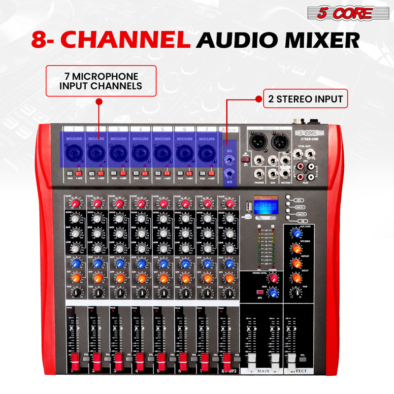 Table de mixage audio à 5 cœurs, équipement de dj, table de mixage numérique, karaoké, XLR, 8 canaux, Bluetooth USB