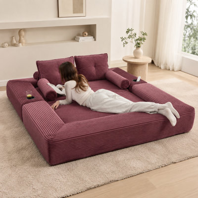Doroteia Modular Corduroy Floor Lounge Sofa with Cup Holders and Storage Pockets