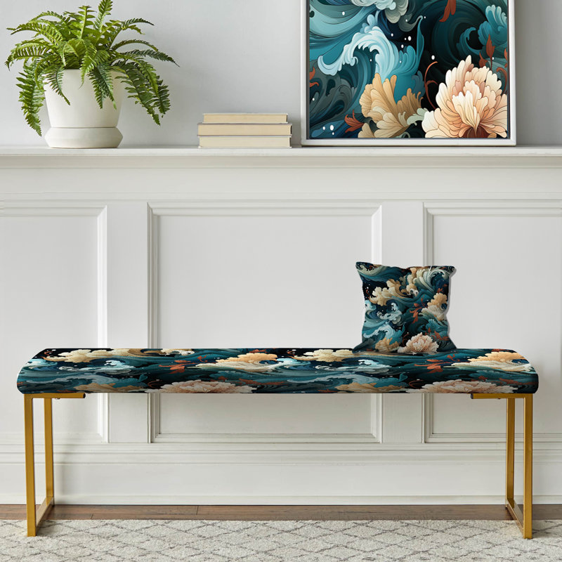Vagues et fleurs, motif japonais - banc japonais rembourré doré
