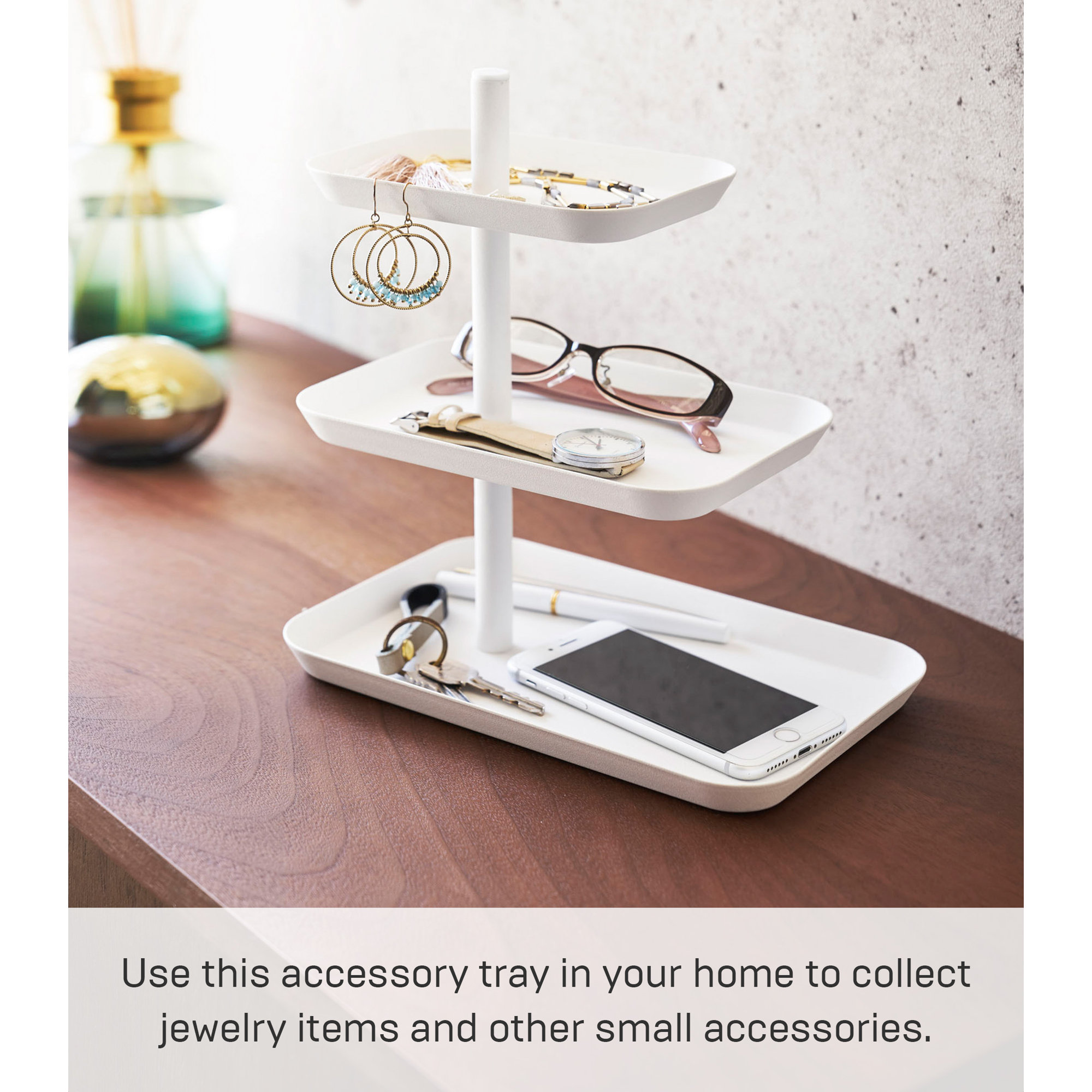 Yamazaki Home 3-Tier Accessory Tray - Jewelry Holder & Storage Organizer, Steel, White