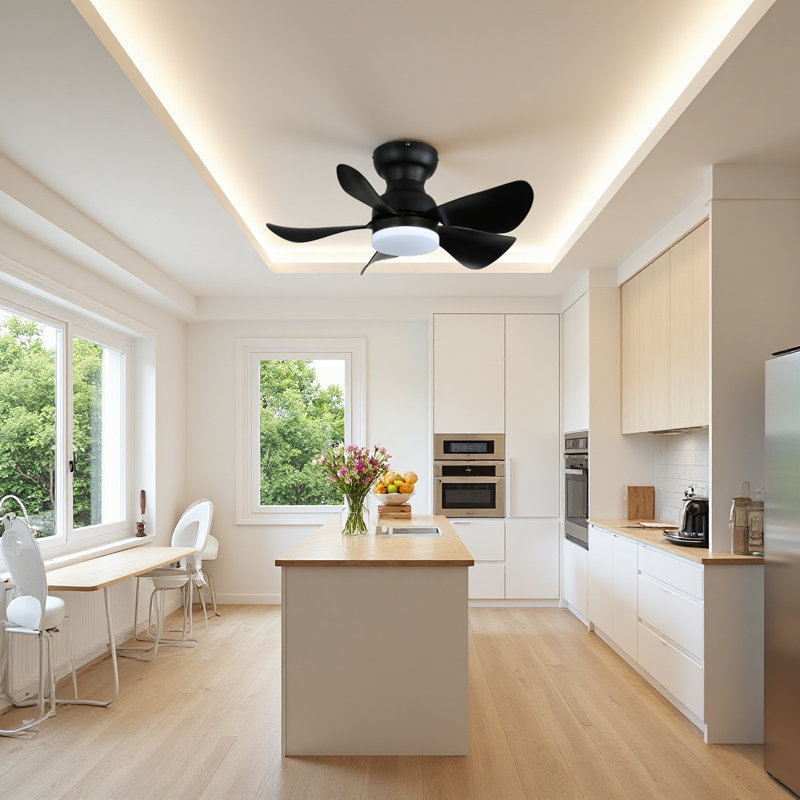30 In. Black Modern Flush Mount Ceiling Fan With Light, 5 Abs Blades, Dc Motor, Reversible And Dimmable Led, Black, Black