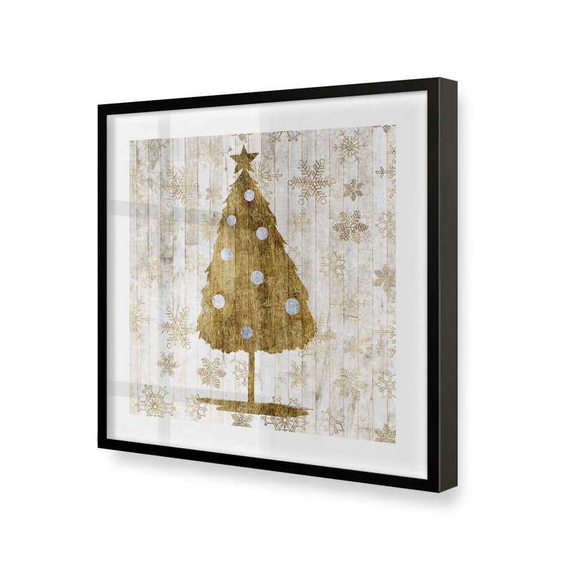 Impression d'arbre de Noël rustique doré, H 17,5 po x l 17,5 po, Cadre simple noir satiné, bois massif