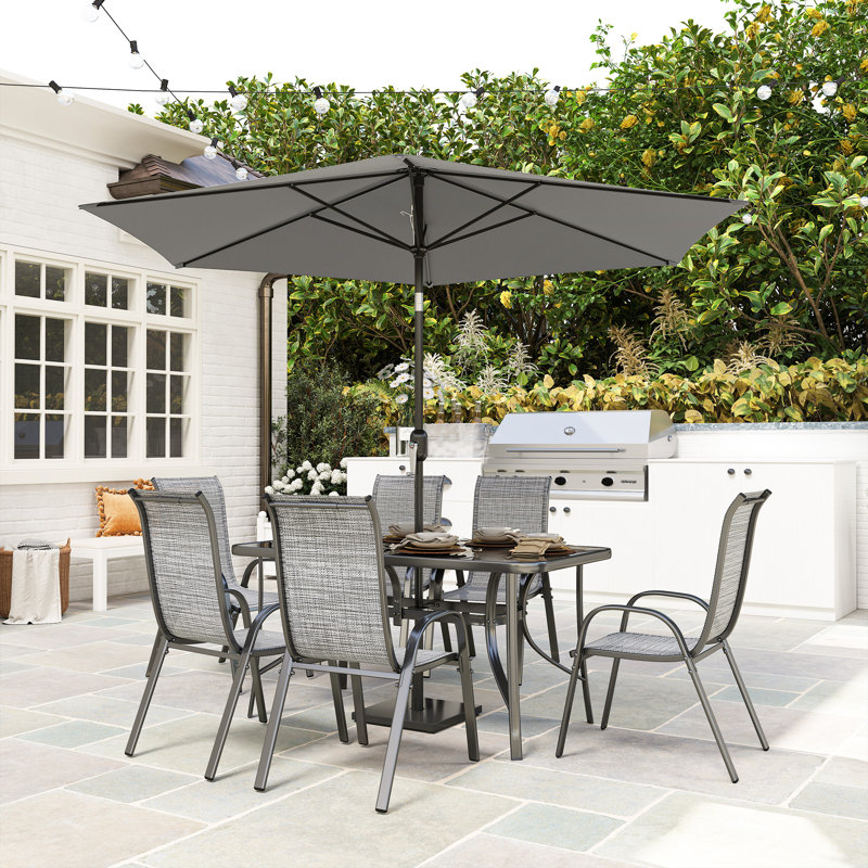 Ensemble de table et chaises de patio 8 pièces avec parasol 9 pi, ensemble repas d'extérieur avec table de salle à manger 4,6 pi et 6 chaises, parasol à bouton-poussoir et manivelle, plateau en verre trempé, gris mélangé
