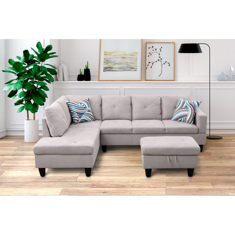 Stotfold Upholstered L-Shaped Sectional Right Hand Facing, Left Hand Facing, Stone Gray Velvet