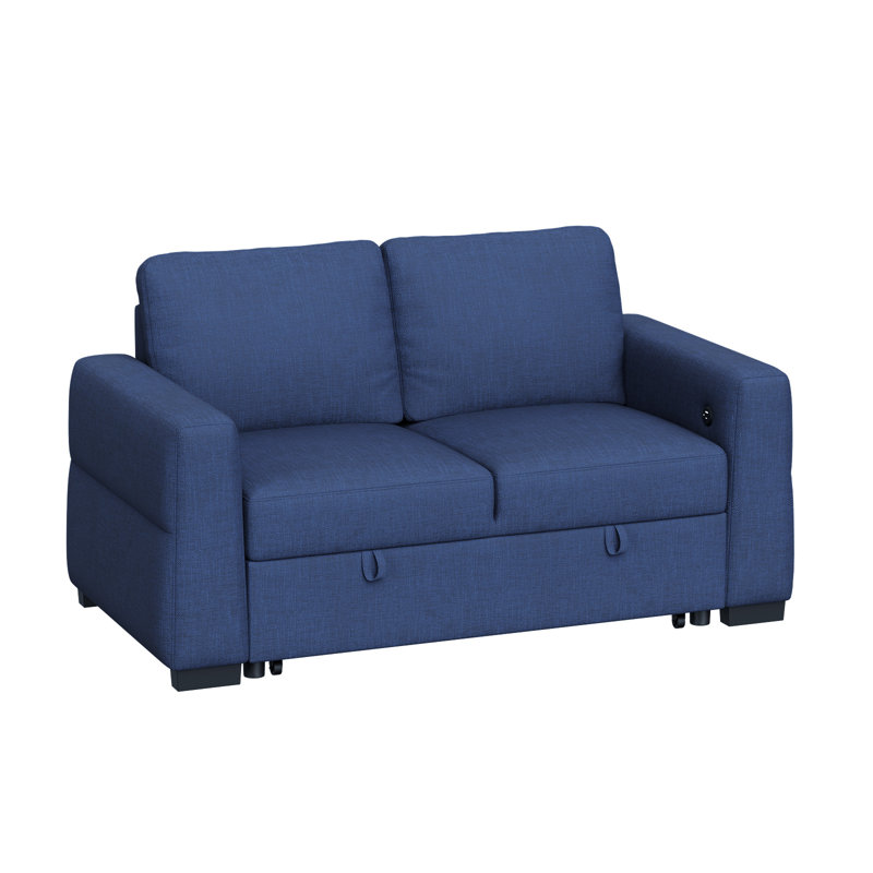 60.2" Linen Upholstered Convertible Sofa Bed with USB Charging Port, Blue
