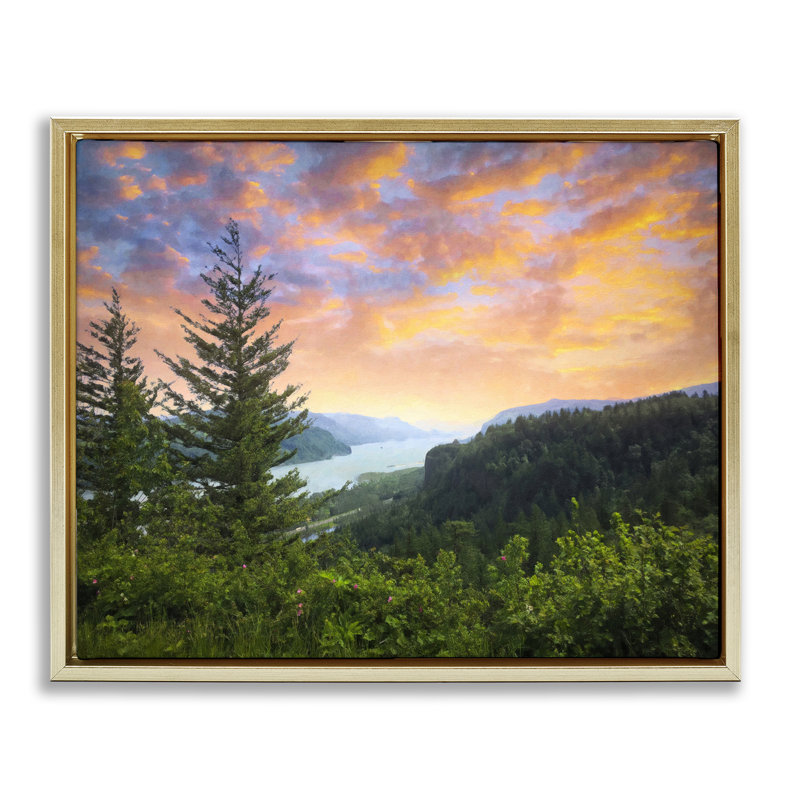 Art mural sur toile flottant, "Scenic Overlook at Sunset" par Graffi * Tee, Cadre flottant métallique doré, H 25 po x l 31 po