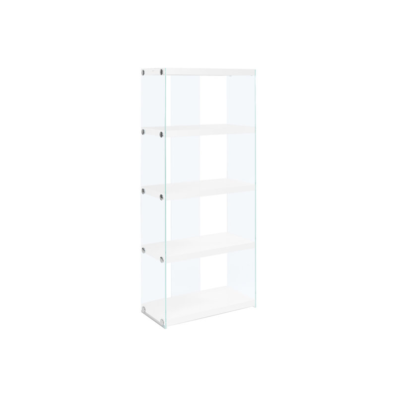 Bibliothèque à 5 niveaux avec poignées polies, finition blanc brillant et verre, verre transparent, pour la décoration de bureau de chambre à coucher