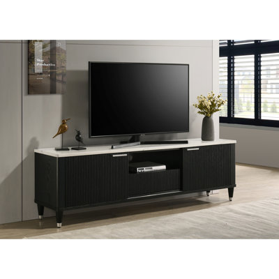 1pc Modern Luxury and Sleek Black White Faux Marble Top Sliding Doors Open Shelving Tapered Legs Tv Stand Media Console