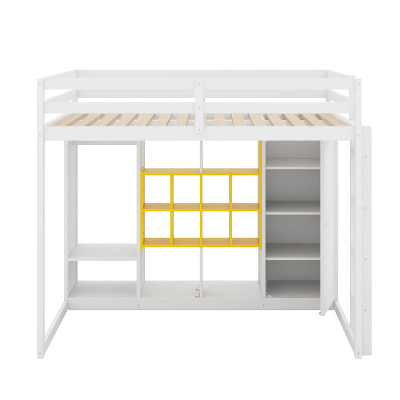 Lit mezzanine en bois pleine grandeur avec garde-robe, tablettes et armoire, Blanc / jaune