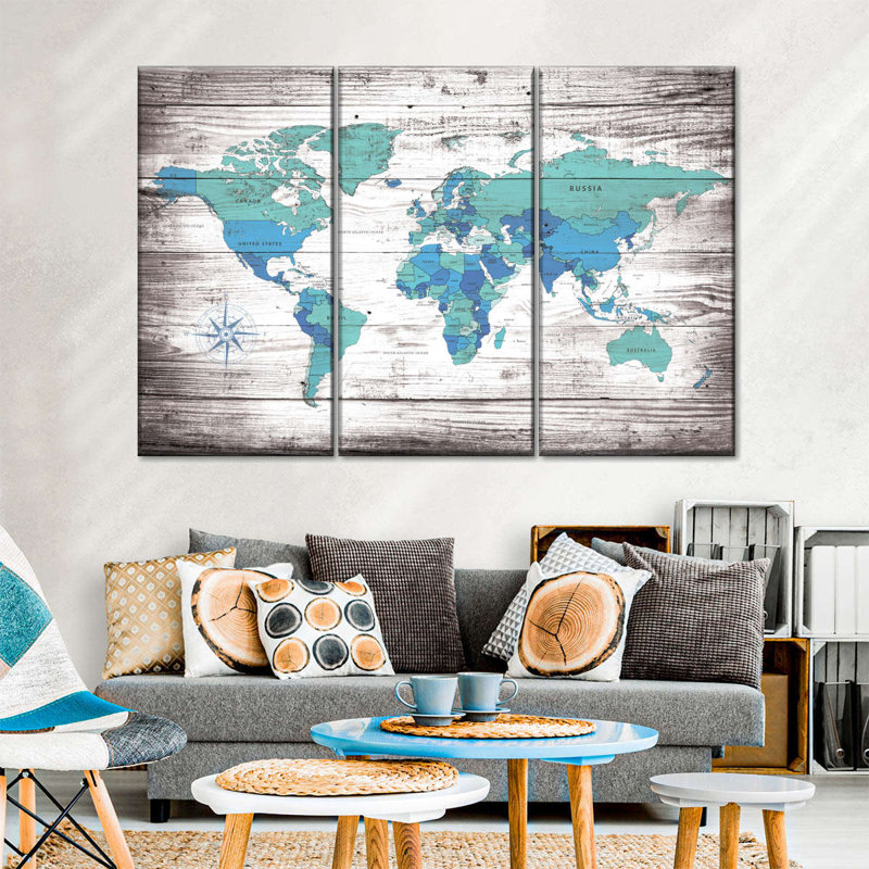 «Aged World Map XXX», ensemble de 3 reproductions sur toiles par Jorge S, H 24 po x l 38 po x P 1,25 po