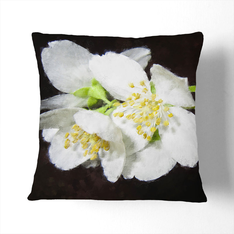 Jasmine Flowers Painting Cushion with Filling, Black, 40cm H x 40cm W x 15cm D