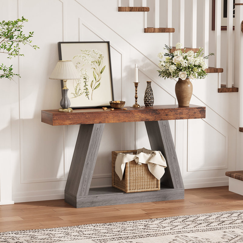 Farmhouse Console Table, 2-Tier Wooden Trapezium Sofa Table with Open Storage Shelf, Industrial Entryway Furniture for Entrance, Hallway, Living Room