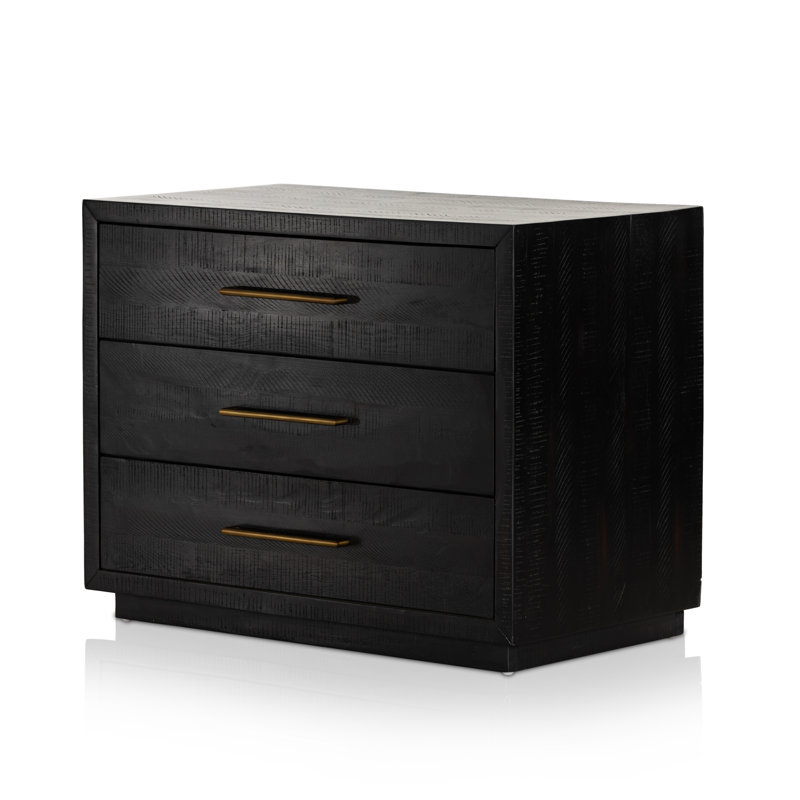 Table de chevet en bois massif à 3 tiroirs Boleyn en noir bruni / laiton