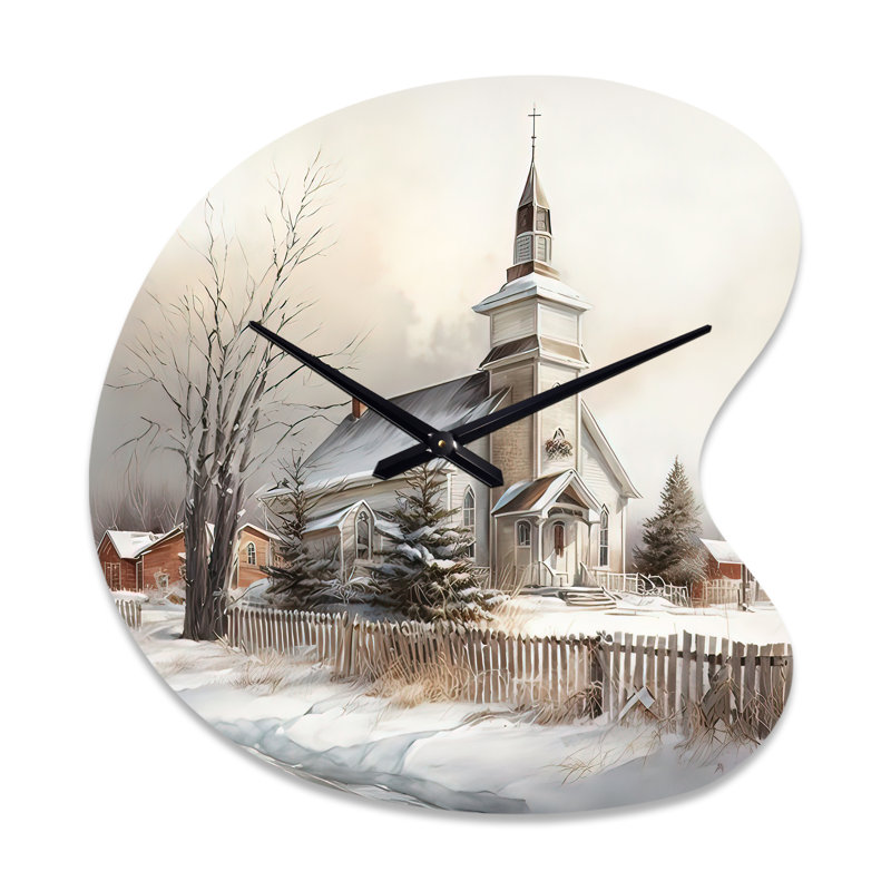 Église en campagne pendant l'hiver IV - horloge murale paysage asymétrique en métal, impression d'horloge murale de forme unique traditionnelle