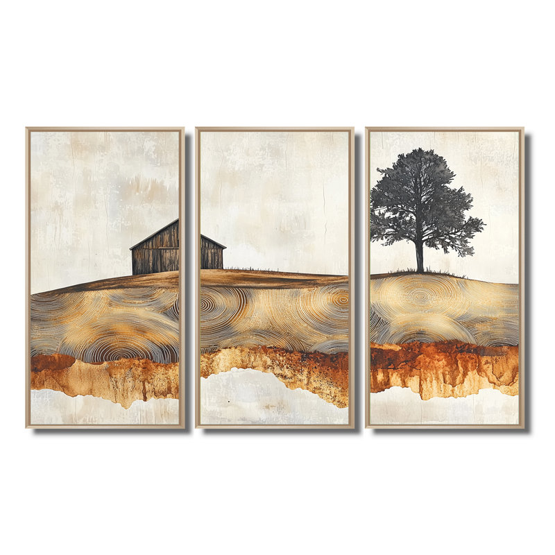 Winter Barn On A Wooden Slide Landscape - Barn Ensemble of 3 Wall Art, Érable, Impression encadrée sans passe-partout