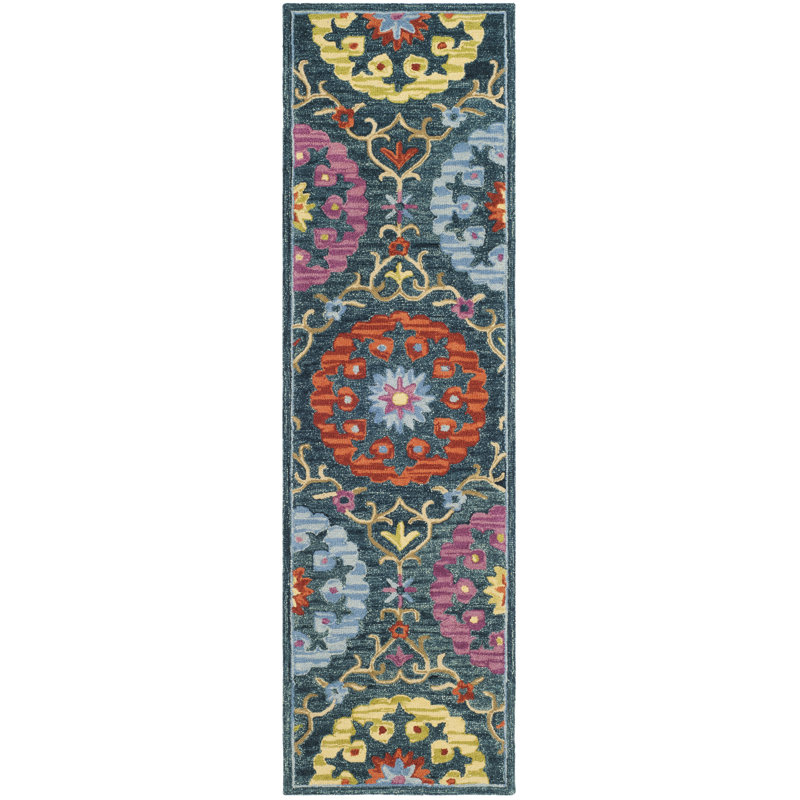Tapis géométrique en laine crocheté à la main Suzani, Tapis de couloir 2 pi 3 po x 8 pi