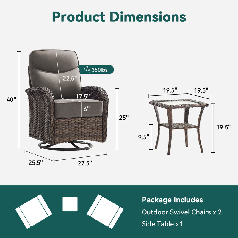 Himonia 2-Person Wicker Outdoor Seating Group With Swivel Glider, 6" Thick Cushions And Side Table, Gray