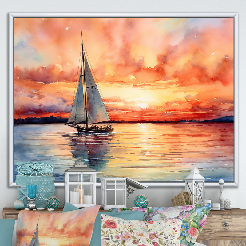 Couleurs pastel voilier coucher de soleil V - bateau à voile, art mural, Cadre flottant blanc, H 24 po x l 32 po x P 1 po