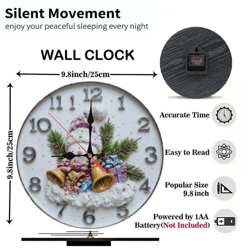 Horloge de Noël-Bonhomme de neige-Cloches-Cadeaux
