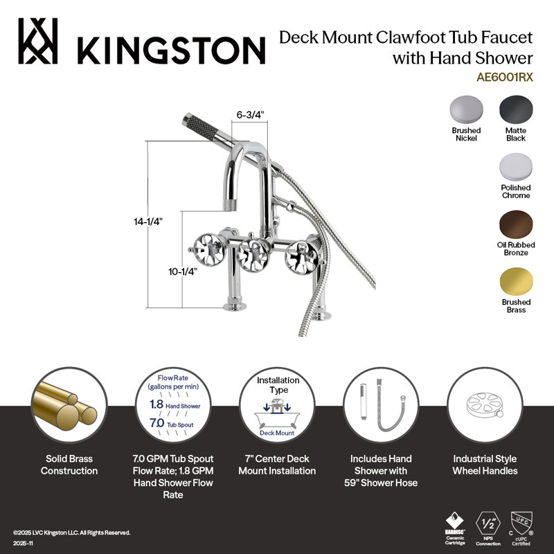 Kingston Brass Belknap Three-Handle 2-Hole Deck-Mount Clawfoot Tub Faucet With Hand Shower, Brushed Nickel