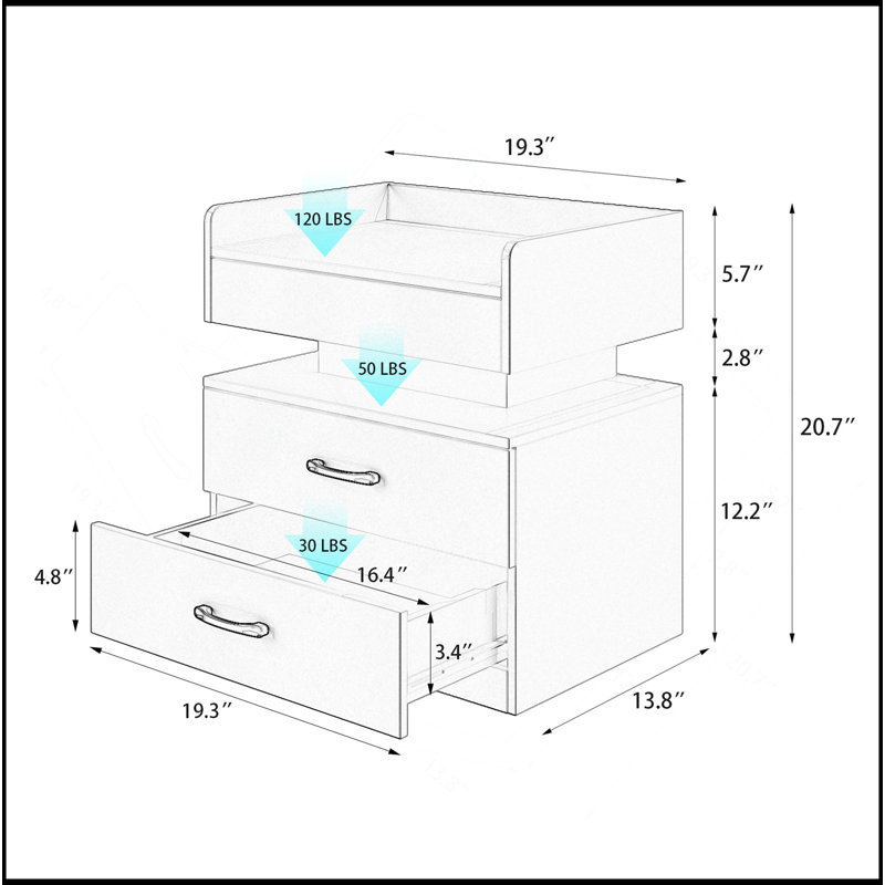 1 Set Nightstand With Adjustable LED Strip Light, 2-Drawers, Large Storage Space, Suitable For Bedside Table, Coffee Table, Sofa Side Table Or End Table For Study Desk