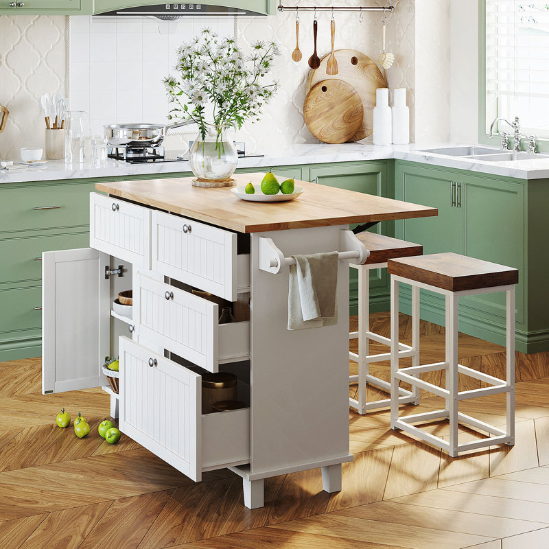 Ensemble d'îlot de cuisine avec abattant et 2 sièges, ensemble de table de salle à manger avec rangement