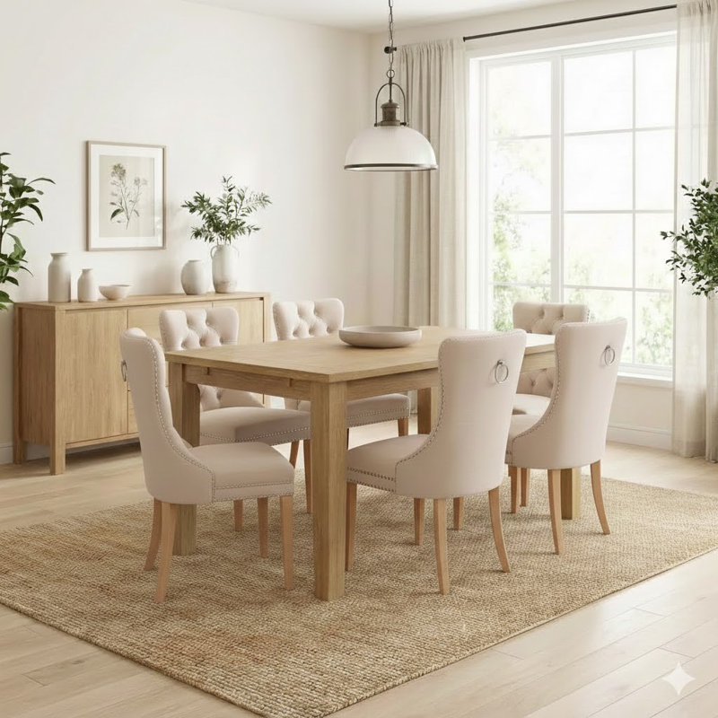 Chaise de salle à manger en velours capitonnée avec pieds en bois massif (ensemble de 6), Beige