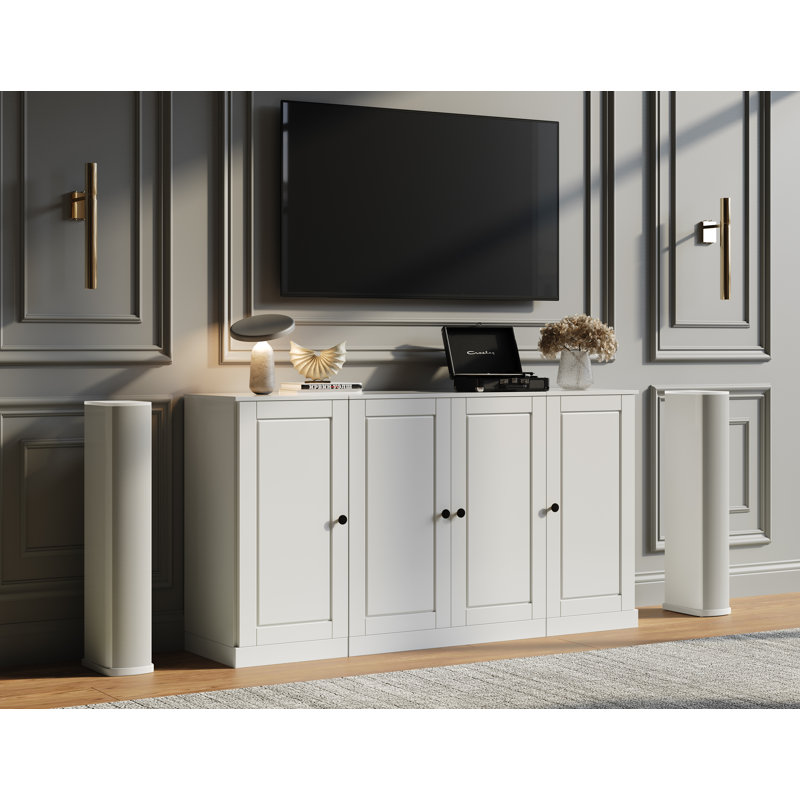 Meuble télé 100% bois massif, console de 65 po de large avec portes à panneau surélevé et rangement, Blanc