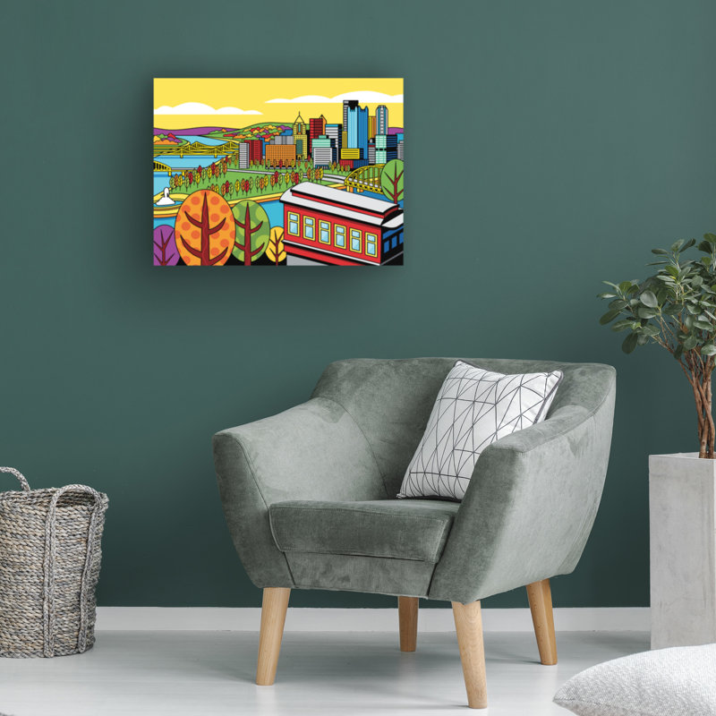 «Pittsburgh Incline Autumn Pop» par Ron Magnes - peinture sur toile tendue, H 14 po x l 19 po x P 2 po