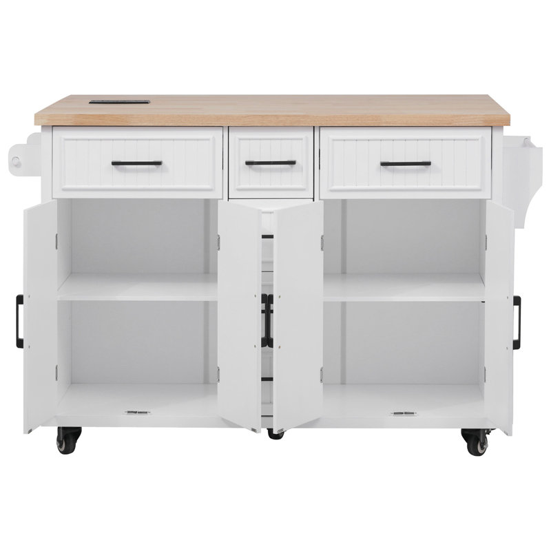 K&K 56.5'' Kitchen Island with Drop Leaf, Power Outlet, Embossed Vertical Stripe Rolling Kitchen Cart on Wheels with 4 Doors , 5 Deep Drawers and Adjustable Shelves, for Kitchen, Dining Room, White