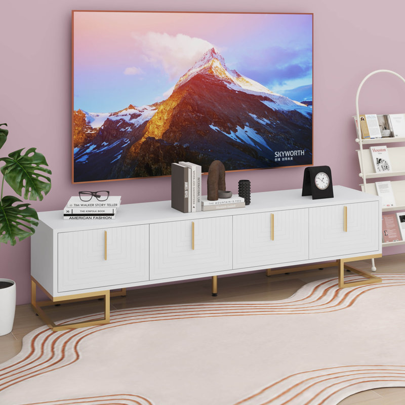 Modern Media Console TV Stand With Gold Accents And Geometric Pattern Design, White