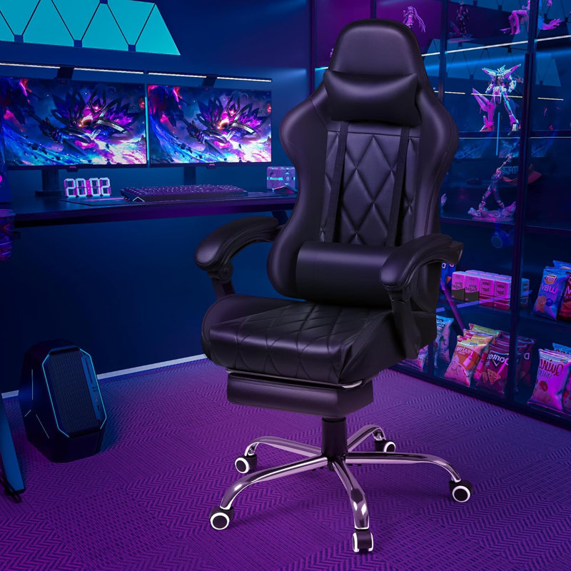 Gaming Chair with Footrest and Massage Lumbar Support, Ergonomic Computer Seat Height Adjustable with 360°Swivel and Headrest, Black