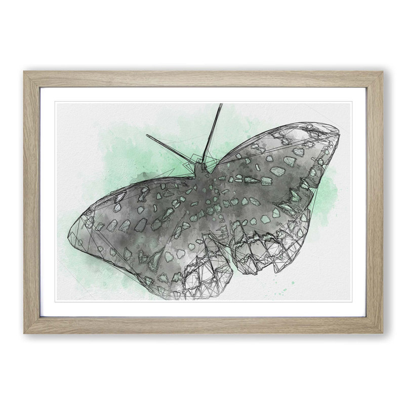 Mint Green Butterfly Art - Picture Frame Graphic Art Print, Oak Framed, 36cm H x 48cm W x 2cm D