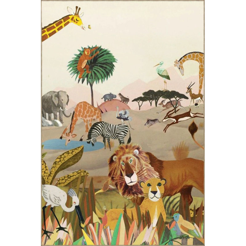 Wild Forest Themed Lion Giraffe And Zebra Patterned Modern Decorative Carpet, Rectangle 4'8" x 6'7"