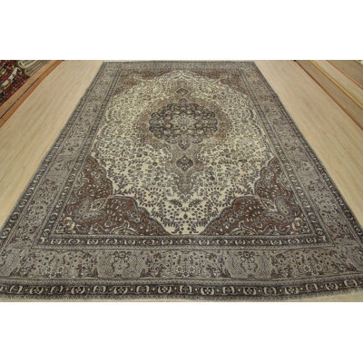 Tabriz Rug 9’11” X 12’9” Ivory Wool Vintage Distressed Hand-Knotted Carpet