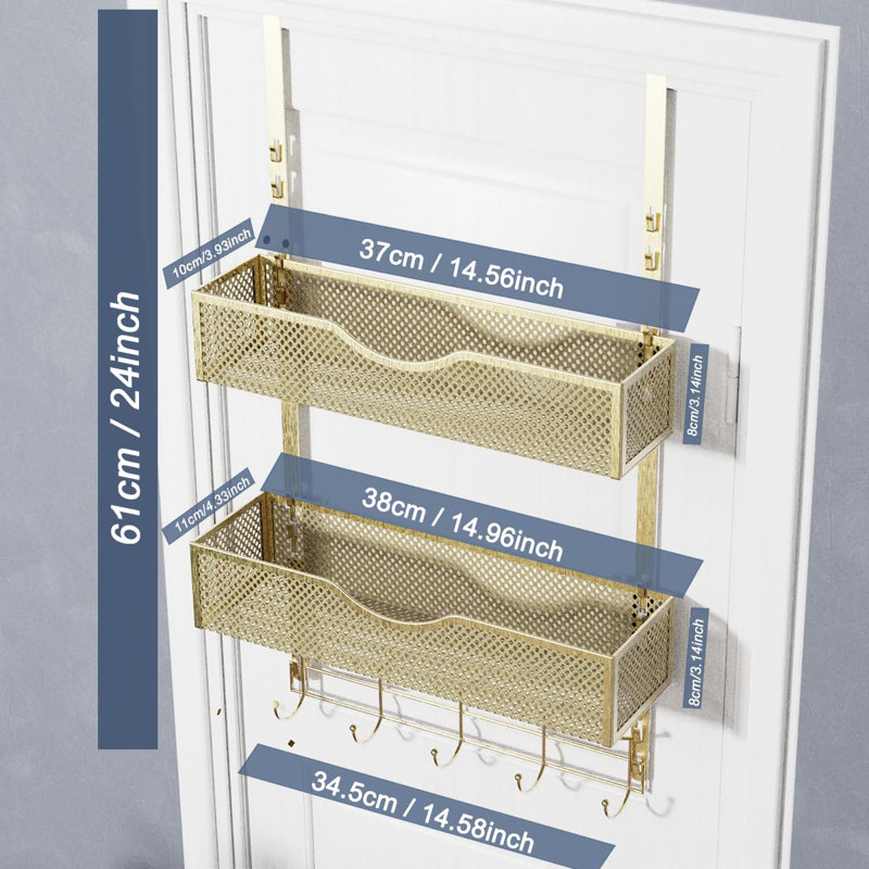 Over The Door Hooks Organizer,Coat Rack With 10 Hooks And 2 Mesh Baskets,Back Of Door Storage Organizer For Bathroom,Bedroom,Kitchen,Office(Golden)