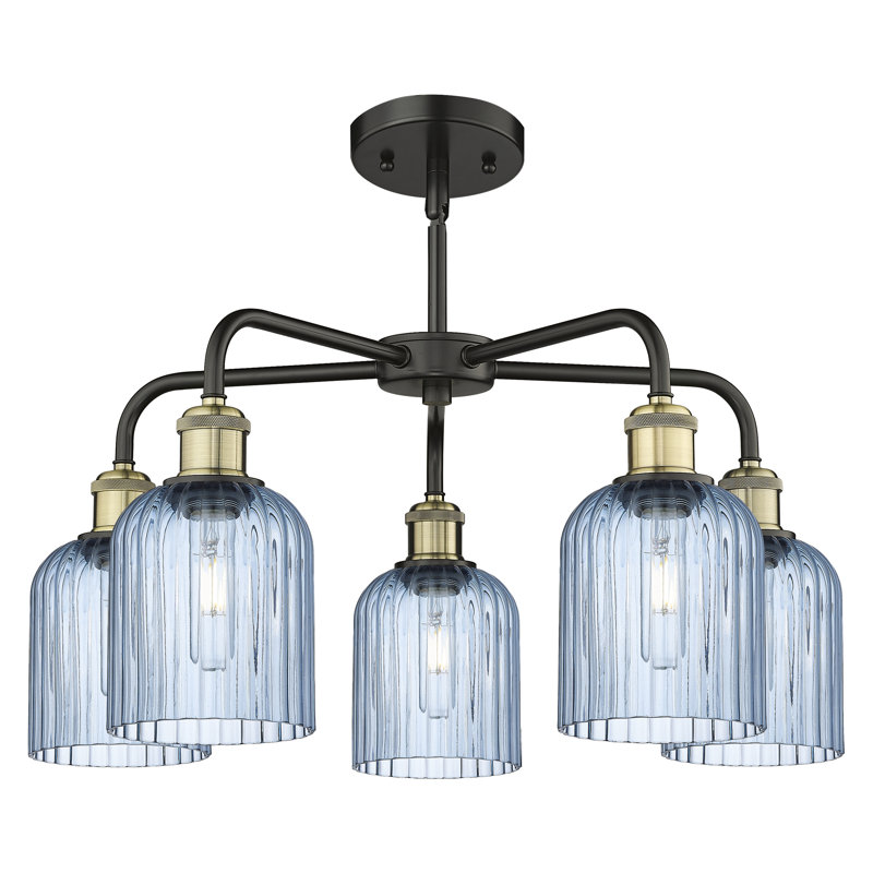 Ballston - Trig - 5 Light 23" Stem Hung Chandelier, Black Antique Brass, Princess Blue