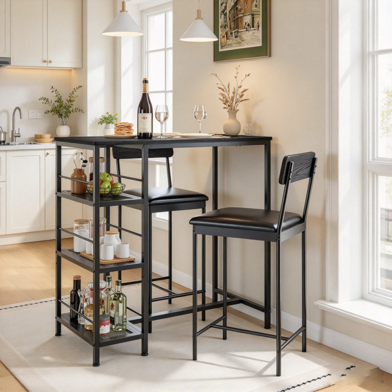 Ensemble de salle à manger 3 pièces pour 2 personnes avec casier à vin et étagères de rangement | Table de bar et tabourets gain de place